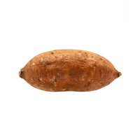 Whole raw sweet potato with textured brown skin isolated on white background, ready for culinary and food design projects.