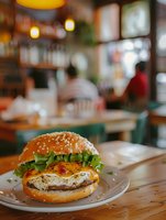Juicy cheeseburger with melted cheese, fresh lettuce and sesame bun served on white plate in cozy restaurant with warm ambient lighting and blurred background.