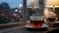 Steaming hot tea cup on wooden table by rainy window with warm bokeh lights creating cozy autumn evening atmosphere indoors.
