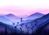 Dreamy mountain landscape at dawn with wildflower silhouettes in foreground against purple and pink misty peaks, creating serene atmospheric perspective.