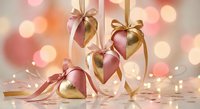 Golden heart-shaped ornaments with pink ribbons hanging against soft bokeh lights background for romantic holiday celebrations and festive decor.