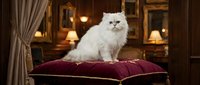 Fluffy white Persian cat sitting on burgundy velvet cushion in elegant vintage interior with warm lighting and classic furniture for luxury pet photography.