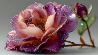 Pink and purple peony flower with water droplets on petals against neutral background. Fresh blooming garden flower with natural moisture for spring designs.