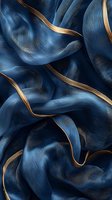 Luxurious blue silk fabric with golden edges flowing in elegant waves creating rich texture and sophisticated drape for premium fashion and interior design.