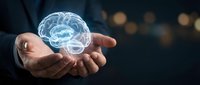 Businessman holding glowing brain hologram in palm, representing artificial intelligence, innovation, and digital technology solutions for corporate business concepts.