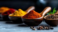 Vibrant aromatic spices in wooden bowls against dark background, including red chili powder, turmeric, black peppercorns. Food photography for cooking and cuisine.