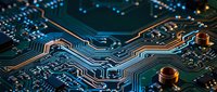 Close-up macro view of electronic circuit board with copper traces, microchips, and components. Modern technology hardware for computing and electronics projects.