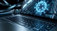 Laptop displaying coronavirus molecular structure with digital interface elements for medical research and healthcare technology applications.
