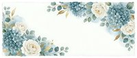 Elegant floral frame with dusty blue hydrangeas and cream roses on soft background for wedding invitations, greeting cards and romantic designs.