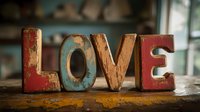 Vintage wooden letters spelling LOVE in rustic red and blue colors on weathered surface, creating nostalgic romantic decoration with shabby chic style.