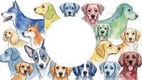 Watercolor dog breeds circle frame with various canine faces including golden retriever, husky, beagle, labrador creating decorative border for pet services.