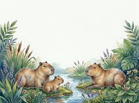Watercolor capybara family with baby near stream surrounded by tropical plants and flowers on white background for nature designs.