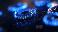 Metallic gears with blue illumination on dark background showing industrial machinery parts in motion, dramatic lighting creates technological atmosphere.