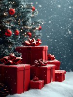 Red wrapped presents with matching bows stacked under decorated Christmas tree with ornaments and lights while snow falls, creating magical holiday atmosphere.
