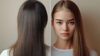 Young Asian woman with long straight brown hair shown from front and back view against neutral beige background, wearing white basic top, natural makeup look.