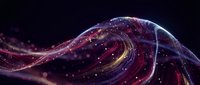 Flowing digital wave with glowing particles and light trails in purple and gold tones against dark background, suitable for technology and innovation concepts.