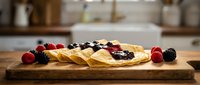 Delicious homemade crepes filled with fresh mixed berries including strawberries and blackberries on wooden cutting board in modern kitchen setting.