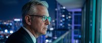 Senior businessman wearing glasses gazes at illuminated city skyline at night from office window, representing corporate success, leadership, and urban professional environment.