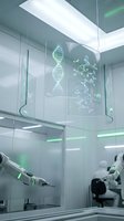 Futuristic laboratory interior with holographic DNA helix and molecular structures displayed on glass panels, robotic arms conducting research, bright natural light from skylight, sterile white environment for biotech, genetics, and scientific innovation concepts.