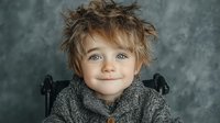 Adorable toddler boy with messy hair wearing cozy gray sweater smiling at camera. Portrait photography for family lifestyle and childhood concepts.