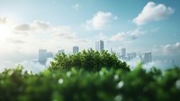 Modern cityscape with glass skyscrapers rising above lush green trees and bushes against blue sky with white clouds, showcasing urban nature harmony.