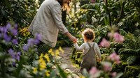 Father and toddler son walking hand in hand through vibrant flower garden on sunny day. Family bonding time outdoors among colorful blooms and lush greenery.
