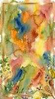 Watercolor abstract background with vibrant flowing colors, gold frame border, and botanical elements including herbs and citrus fruits for creative design projects.