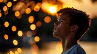 Young male in profile gazing upward at sunset with golden bokeh lights creating dreamy atmosphere. Emotional portrait captures wonder, hope and contemplation in warm evening light.