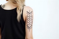 Young Caucasian woman with blonde hair showing geometric arrow tattoo on upper arm wearing black sleeveless top against white background.