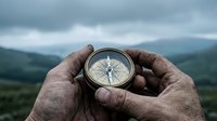Hands holding vintage compass with mountain landscape background, navigation and direction concept for outdoor adventure and travel exploration.