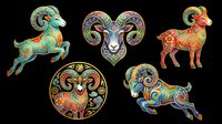 Colorful ornate ram and Aries zodiac clipart set, isolated on transparent background, ready for stickers, T-shirt design, sublimation, and print on demand.