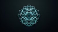 Geometric wireframe polyhedron with glowing cyan edges on dark background, representing abstract technology, data visualization, and digital connectivity concepts.