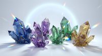 Colorful crystal clusters in blue purple green and yellow with magical light effects on white background for spiritual healing meditation design.