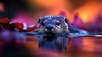 Adorable otter swimming in calm water during golden hour sunset with vibrant purple and orange sky reflections creating magical wildlife scene.