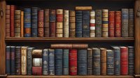 Vintage leather-bound books arranged on wooden library shelves, showing ornate spines in various colors including blue, red, and brown with gold embossed details.