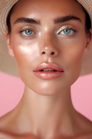 Close-up portrait of young woman with natural makeup, glowing skin, blue eyes and coral lipstick against pink background. Professional beauty and cosmetics photography.