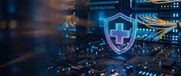 Digital cybersecurity shield with medical cross protecting electronic circuit board data networks from cyber threats and malware attacks.