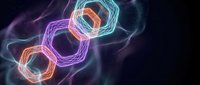 Glowing neon hexagonal chain links in purple, orange and blue colors floating in dark space with light trails and energy effects for tech designs.