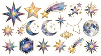 Celestial stars, moons, and galaxy elements isolated on white background for design projects, clipart, t-shirts, and creative compositions. Watercolor style cosmic collection.