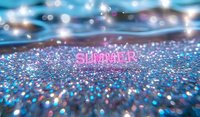 Glowing pink summer text on sparkling blue glitter background with bokeh lights and magical shimmering effect, creating dreamy seasonal atmosphere.