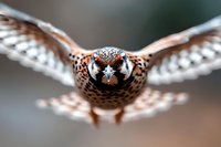 Majestic spotted owl in flight with wings spread wide, captured in sharp detail against blurred background, dramatic close-up view of predator bird's face and feathers.