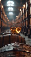 Glass of golden wine on oak barrel in atmospheric cellar with rows of wooden casks and warm lighting creates moody composition for wine industry marketing.