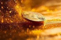 Golden cryptocurrency coin on glittering surface with magical sparkles and bokeh lights in warm amber tones, creating luxurious financial atmosphere.