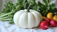 White pumpkin with fresh garden vegetables including bright red radishes, yellow cherry tomatoes and green parsley on white cloth background for seasonal cooking.