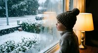 Young woman in knit hat gazing through snowy window with warm lamp light creating cozy winter atmosphere indoors during snowfall.