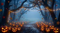 Spooky Halloween forest path with glowing jack-o-lanterns and string lights creating magical autumn atmosphere through misty trees with falling leaves.