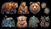 Grizzly bear, brown bear, and cub illustrations in various poses and styles, isolated on transparent background. Ready for t-shirt design, clipart, stickers, sublimation, and print-on-demand products.