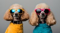 Two stylish poodles wearing bright sunglasses and colorful sweaters pose against gray background, one in yellow and blue glasses, other in turquoise with pink frames.