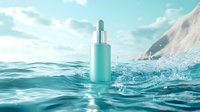 Turquoise cosmetic serum bottle floating on ocean water surface with splashes against blue sky and mountains, skincare product photography.