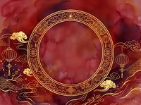 Ornate golden circular frame with traditional Asian design elements on deep red watercolor background, featuring decorative lanterns and cloud motifs, suitable for festive greetings and cultural event designs.